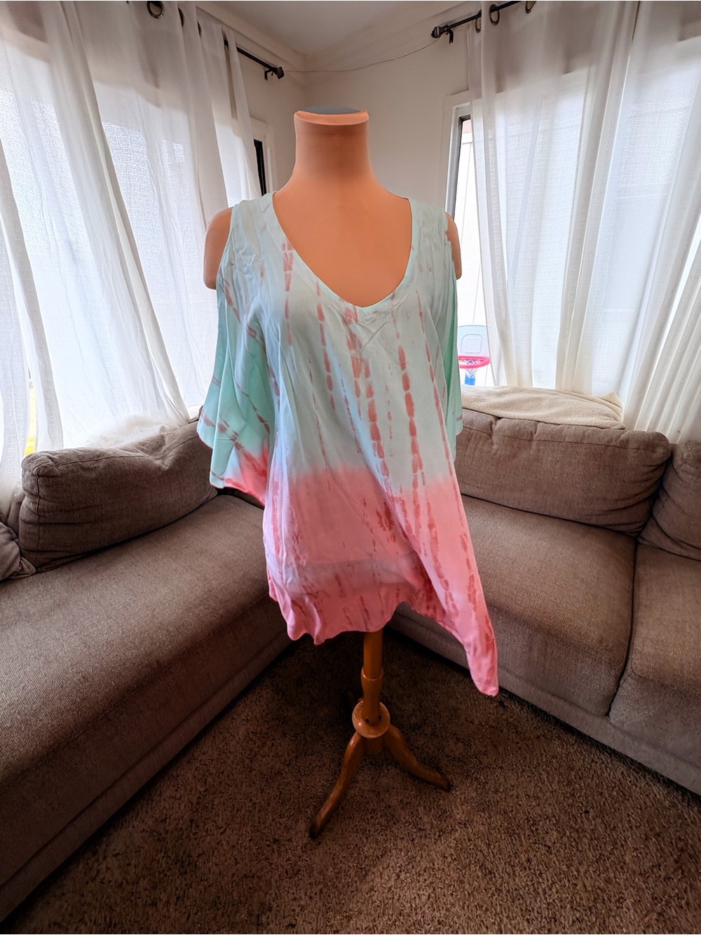 NaPua Collection Mint and Coral Tie-Dye V-Neck Top Cold shoulder dress top - Picture 1 of 7